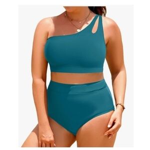 TEMPT ME - 20 Plus Teal One-Shoulder Two Piece Swimwear